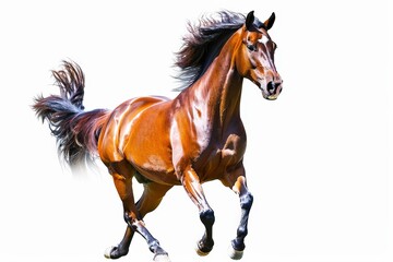 Obraz premium Runaway Beauty: A majestic chestnut horse with a flowing mane and tail races across a white background, capturing the essence of freedom, strength, and pure equine grace.