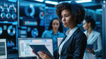 Focused Businesswoman Analyzing Data in Server Room