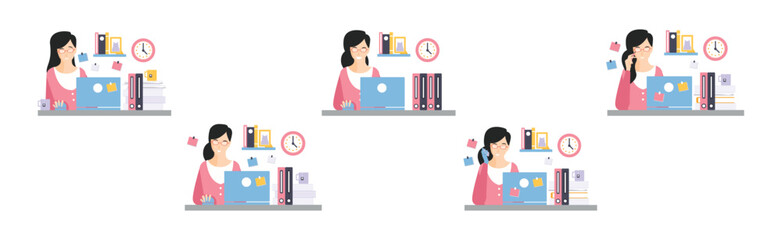 Woman Office Clerk and Employee at Desk with Laptop Vector Set
