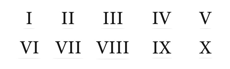 Roman numerals icons. Roman numbers from one to ten. Numbers 1-10