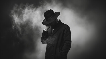 A man in a black suit and hat is standing in front of a cloud of smoke. He is looking down and he is in deep thought