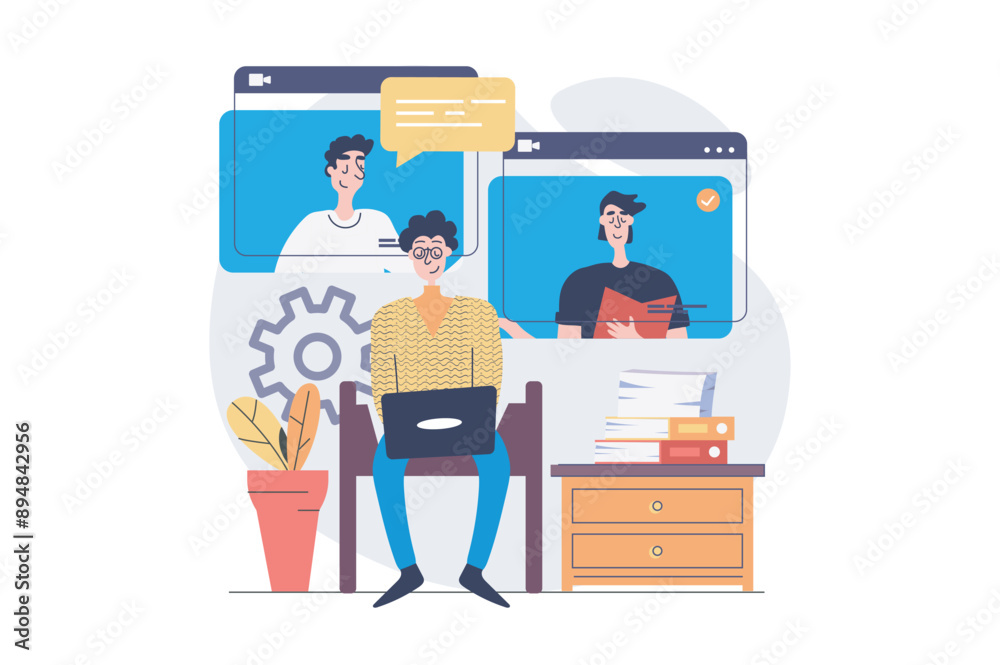 Fototapete Video conference concept in modern flat design for web. Colleagues connecting online via zoom call from laptop program, speaking and discussing work, doing tasks remotely in team. Vector illustration.