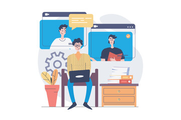 Video conference concept in modern flat design for web. Colleagues connecting online via zoom call from laptop program, speaking and discussing work, doing tasks remotely in team. Vector illustration.