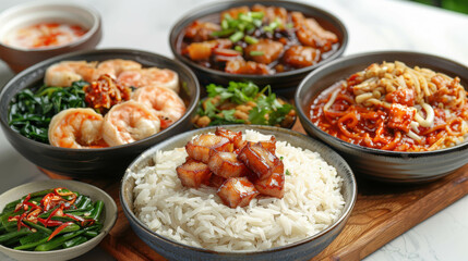 Traditional Home-Cooked Asian Cuisine with Rice, Shrimp, and Vegetables