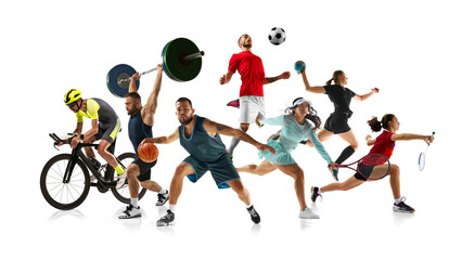 Energetic collage. Athletes in various activities. Each sportsmen shown in motion against white...