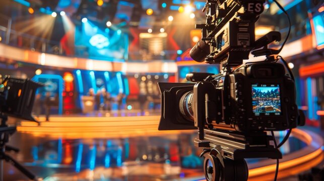 A professional camera is set up in a brightly lit studio, capturing a live event.