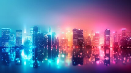 Stunning city skyline at night with colorful lights reflecting on water, creating a vibrant urban atmosphere.