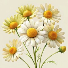 Fototapeta premium The image shows a chamomile flower, a perennial herb belonging to the Compositae family. Chamomile flowers are characterized by their bright yellow, spherical heads, which are made up of slender.