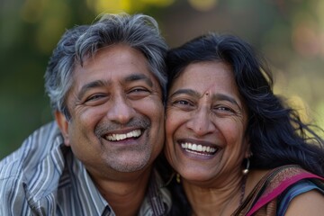 Fototapeta premium Portrait of a smiling indian couple in their 30s laughing