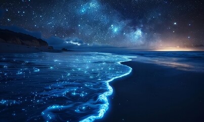 Twinkling stars above and bioluminescent algae below, illuminating a midnight beach walk