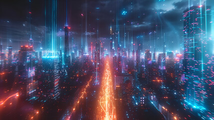 Futuristic dark cyberpunk city dystopia streets colorful. Generative AI