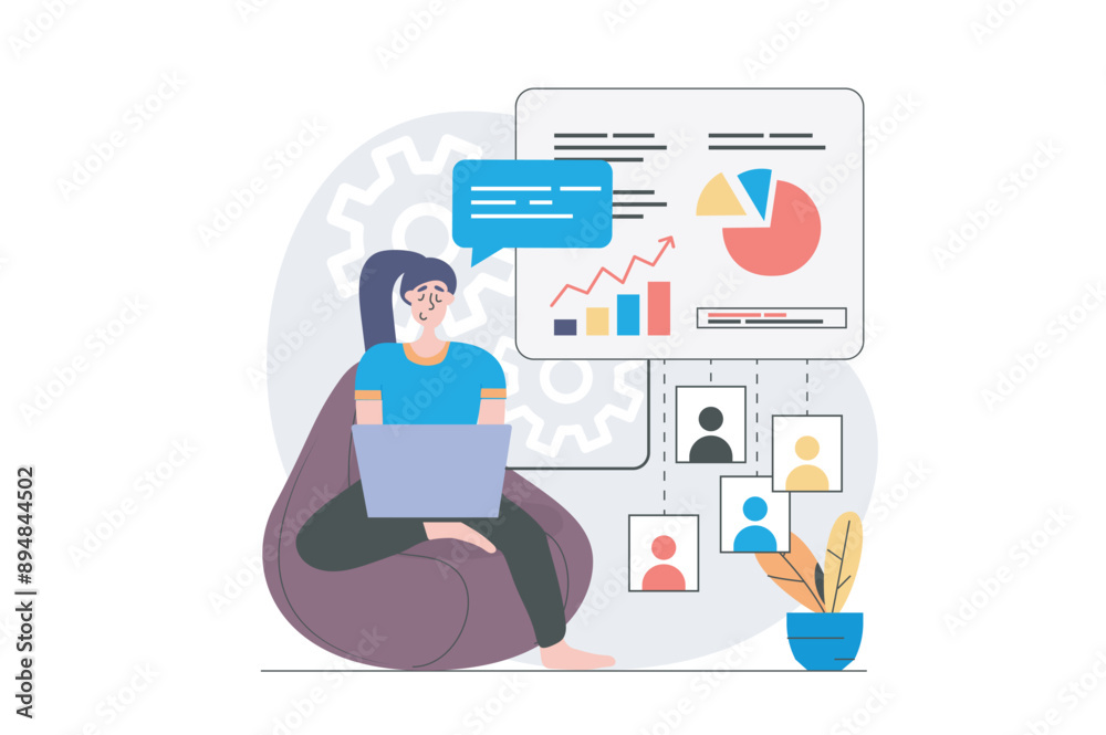 Leinwandbilder video conference concept in modern flat design for web. woman doing work task distantly and making d