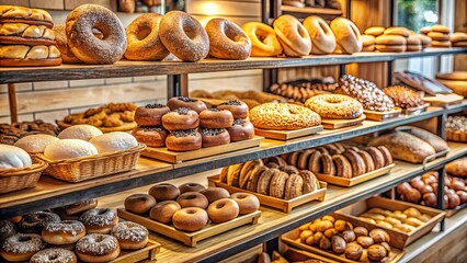 Gourmet donuts and freshly baked bread displayed at a boutique bakery shop , bakery, boutique, shop, gourmet, donuts