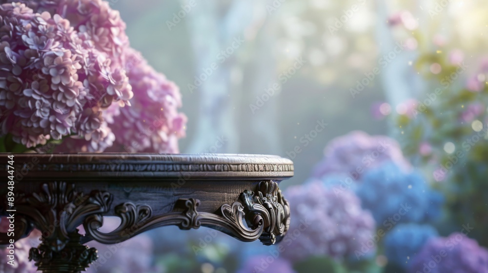 Poster close-up of a vintage wooden table with intricate carvings, adorned with pink hydrangeas. the backgr