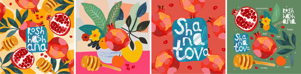 Shana Tova. Rosh Hashanah. Congratulations on the Jewish New Year. Vector cute hand drawn illustrations of pomegranate, honey, pattern, apple, still life, logo for greeting card, flyer or background