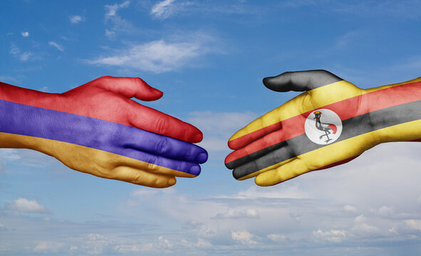 Republic of Uganda and ZXCV country handshaking with flags, consensus concept international co-operation illustration