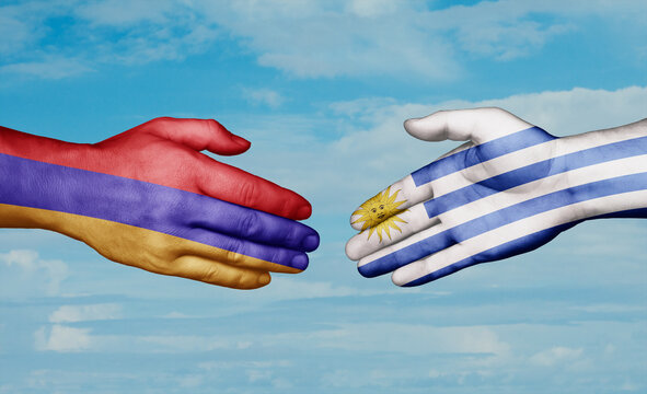 Uruguay and ZXCV country handshaking with flags, consensus concept international co-operation illustration