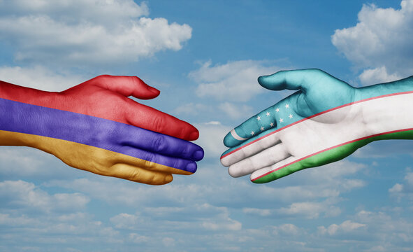 Republic of Uzbekistan and ZXCV country handshaking with flags, consensus concept international co-operation illustration