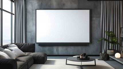 Empty frame for inserting advertising text Above the sofa, wooden table and sofa in the living room, hall, modern spacious office. 3D rendering.