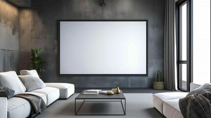 Empty frame for inserting advertising text Above the sofa, wooden table and sofa in the living room, hall, modern spacious office. 3D rendering.