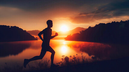 Silhouette of a man jogging at dawn against the background of a lake, runners doing fitness