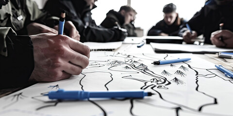 Tactical Command Center: A group of soldiers discussing a strategy map on a table