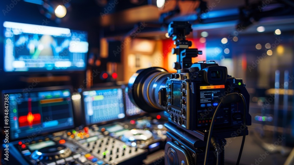 Poster A professional video camera is mounted on a tripod in a television studio. The camera is pointed towards the front of the room, and there are multiple screens and a soundboard in the background.