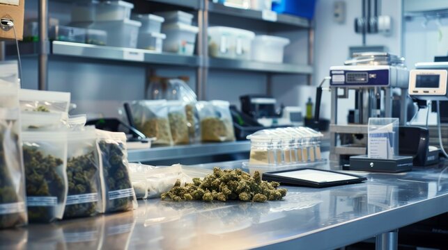 Cannabis Packaging Station in Modern Industrial Laboratory, Organized Workspace