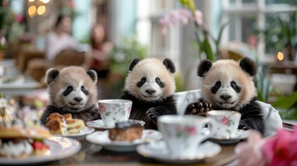 Three adorable pandas sit together at a table set with floral teacups, enjoying a delightful tea party scene that perfectly combines cuteness and whimsy for any audience.
