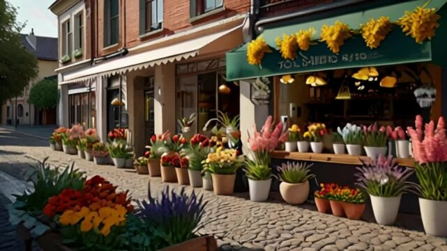 A row of flower shops on the side of the highway with rows of beautiful and fragrant flowers in front of the shop.