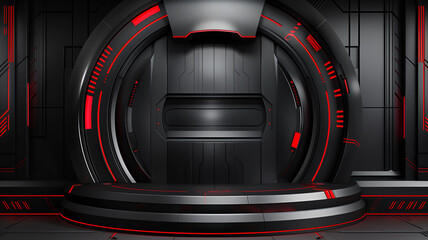 Futuristic Black and Red Podium with High-Tech Car Racing Background