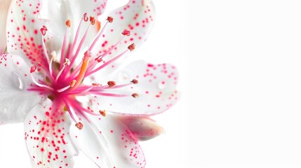 Fototapeta premium Close up of white and pink Schlumberger flower on white background with macro shot and empty space