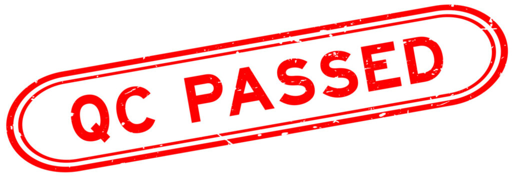 Grunge red QC passed word rubber seal stamp on white background