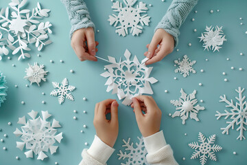 Crafting paper snowflakes on a blue table