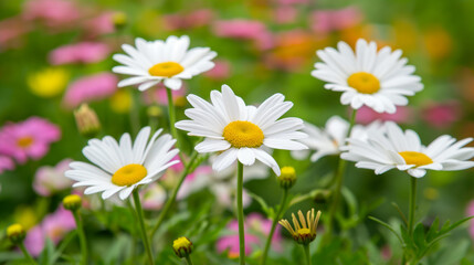 Fototapeta premium Close-up of white daisies with yellow centers blooming in a vibrant garden, surrounded by various colorful flowers