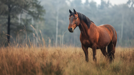 A majestic brown horse standing in a misty field, surrounded by tall grass and trees