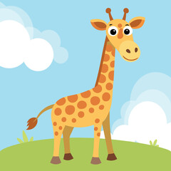 Obraz premium Cartoon cute giraffe in flat style. Vector illustration. Adorable Baby Giraffe. Design for print, sticker, icon, emblem or children book illustration