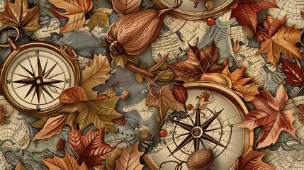 Fototapeta premium Antique Map and Brass Compass Seamless Pattern with Autumn Cornucopia