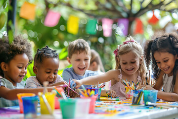 Fototapeta premium Children painting and crafting at a colorful outdoor art table