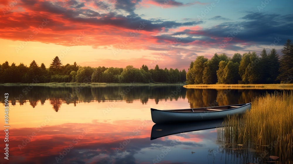 Canvas Prints A peaceful sunset scene on a calm lake with reflections and a rowing boat