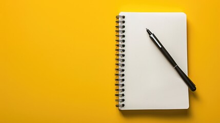 School notebook and black pen on yellow background flat lay