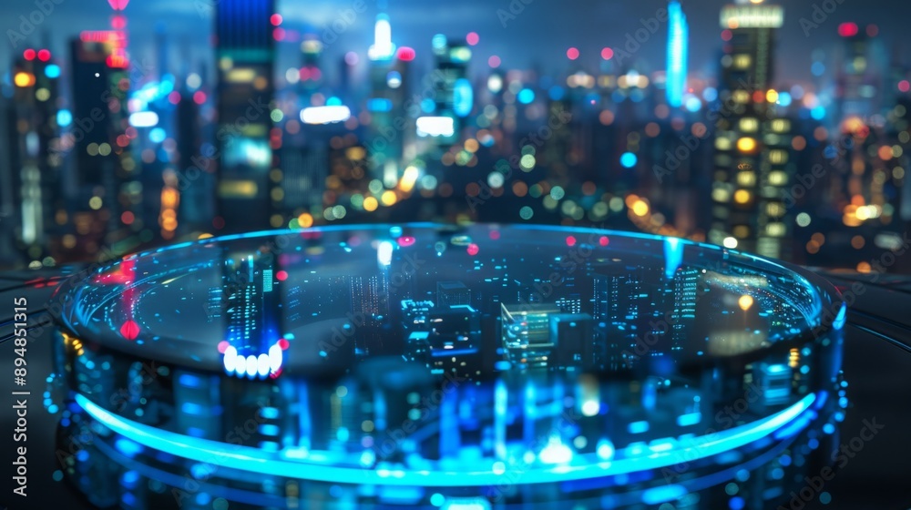 Poster a glowing platform sits on top of a building, with a cityscape of skyscrapers in the background.