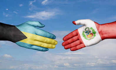 Peru and Bahamas country handshaking with flags, consensus concept international co-operation illustration