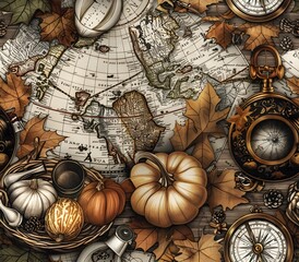 Fototapeta premium Vintage Maps and Compasses Surrounding Autumn Cornucopia on Rustic Wooden Table