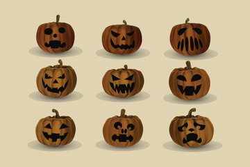 Cartoon Set Head Jack o' Lantern in legend Made from carved pumpkin Different face. Used garden decoration or a Halloween party.