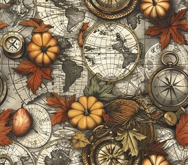 Fototapeta premium Vintage Map and Compass Surrounding Autumn Cornucopia on Rustic Wood Table with Soft Lighting