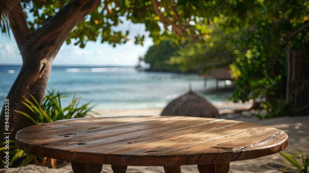 Poster a wooden table sits on a sandy beach with a view of the ocean and lush greenery.