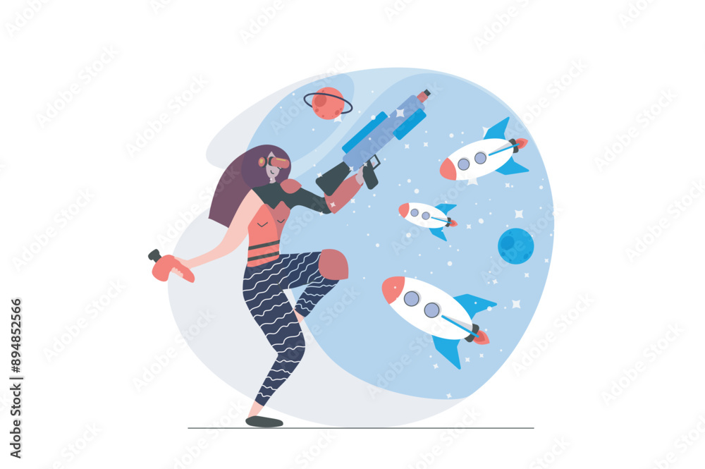 Aufkleber virtual reality concept in modern flat design for web. woman in vr headset and controller paying sho