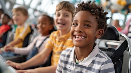 Obraz premium A diverse group of children with beaming smiles enjoy an exciting indoor ride at an amusement park, their laughter echoing through the vibrant surroundings full of energy.