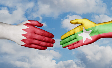 Myanmar aka Burma and Bahrain country handshaking with flags, consensus concept international co-operation illustration